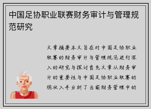 中国足协职业联赛财务审计与管理规范研究